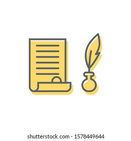 Ink feather pen and scroll paper line icon, outline vector sign, linear style pictogram isolated on white. Write will testament symbol, logo illustration. Editable stroke