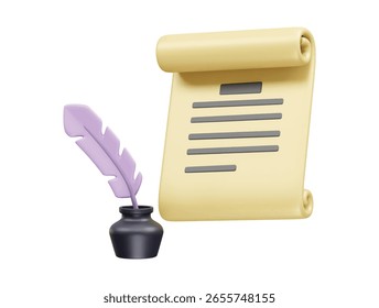 Difusão de tinta com ícone de papel de rolagem no processamento de ilustração 3d