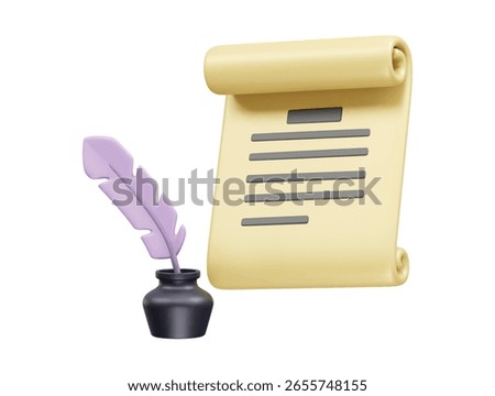 Ink feather with scroll paper icon 3d illustration rendering