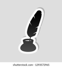 Ink and feather, sign of author. Simple icon. Sticker style with white border and simple shadow on gray background