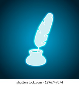 Ink and feather, sign of author. Simple icon. Neon style. Light decoration icon. Bright electric symbol