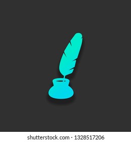 Ink and feather, sign of author. Simple icon. Colorful logo concept with soft shadow on dark background. Icon color of azure ocean