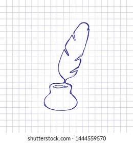 Ink and feather, sign of author. Simple icon. Hand drawn picture on paper sheet. Blue ink, outline sketch style. Doodle on checkered background