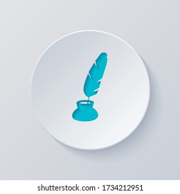 Ink and feather, sign of author. Simple icon. Cut circle with gray and blue layers. Paper style