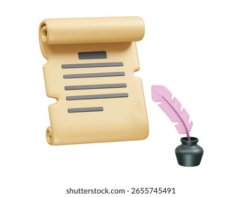  Tintenfeder mit Vintage Scroll Papier Symbol 3D Illustration Rendering