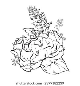 Tinta: Composición floral con delicadas flores de rosa abierto, helecho, hojas de rosa y olores de bosques. Una elegante ilustración para tarjetas, coloreado, impresiones, carteles e impresión textil.
