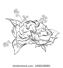 Ink: Floral composition featuring delicate open rose flowers and woodland forget-me-nots. Wildflowers and rose leaves. A stylish illustration for cards coloring prints, posters and textile printing