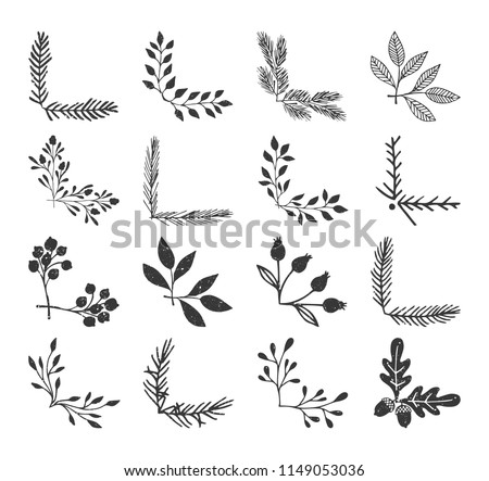 Ink floral corners. Sketched vector illustration. Fancy borders. Isolated.