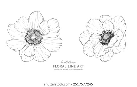 Ink Flower Drawing. Floral Line Art. Anemone Line Art Illustration. Line Art Bouquet.  Fine Line Anemone illustration. Hand Drawn flowers. Botanical Coloring. Wedding invitation flowers