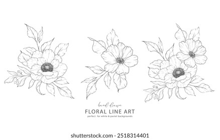 Ink Flower Drawing. Floral Line Art. Anemone Line Art Illustration. Line Art Bouquet.  Fine Line Anemone illustration. Hand Drawn flowers. Botanical Coloring. Wedding invitation flowers
