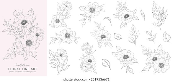 Dibujo de flor de tinta. Arte de línea floral. Ilustración de arte de línea de anémona. Ramo de arte de línea.  Ilustración de Anémona de línea fina. Flores dibujadas a mano. Colorante botánico. Boda invitación flores