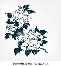 ink flower vector sketch illustration japanese chinese oriental line art design elements 