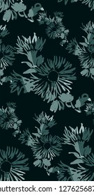 ink flower vector sketch illustration japanese chinese oriental line art seamless pattern