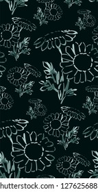 ink flower vector sketch illustration japanese chinese oriental line art seamless pattern