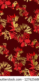 ink flower vector sketch illustration japanese chinese oriental line art seamless pattern golden