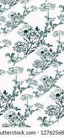 ink flower vector sketch illustration japanese chinese oriental line art seamless pattern