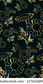 ink flower vector sketch illustration japanese chinese oriental line art seamless pattern golden