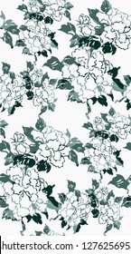 ink flower vector sketch illustration japanese chinese oriental line art seamless pattern