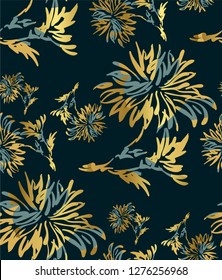 ink flower vector sketch illustration japanese chinese oriental line art seamless pattern golden