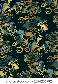 Ilustración de boceto de Vector de flor de tinta Japonés Chino Oriental Line Art Patrón transparente Dorado