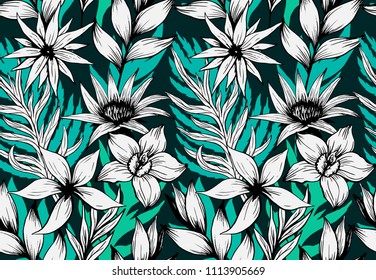 Ink flowers handdrawn dark pattern seamless tropical jungle orchid