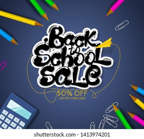 Ink flowing in lettering form Back to school. Sale. Topographic Banner with pencils, clothespins and calculator. Lettering for banners, posters, flyers. Creative sketch design advertising. Vector