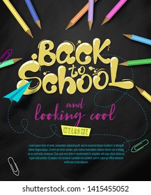 Ink flowing in lettering form Back to school. Topographic Banner with pencils, clothespins and paper plane. Lettering for banners, posters, flyers. Creative sketch design advertising. Vector