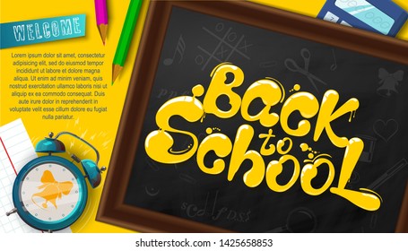 Ink flowing in lettering form Back to school. Topographic Banner with pencils, clock, and calculator. Lettering for banners, posters, flyers. Creative sketch design advertising. Vector