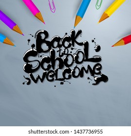 Ink flowing in lettering form Back to school. Topographic Banner with pencils and clothespins. Lettering for banners, posters, flyers. Creative sketch design advertising. Vector