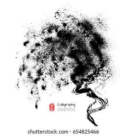 Ink fountain background in modern Asian style. Black brush strokes and spray stains. Stamp for Calligraphy. Typographic template for text. Vector illustration.