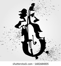 Ink fun drawing of the contrabass player for the jazz bar theme

