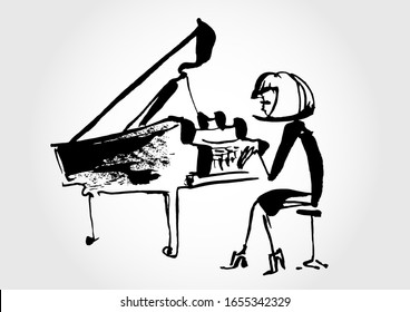 Ink fun drawing of the piano player for the jazz music concept