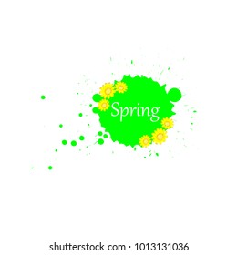  Ink green blot with word Spring isolated on white background. Vector illustration.