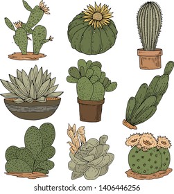 ink green cactus plants set