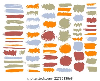 Ink grunge brush stroke vector set. Hand drawn inkblot streak colorful elements. Drip spot web label background bundle. Daub ink stains drawing.