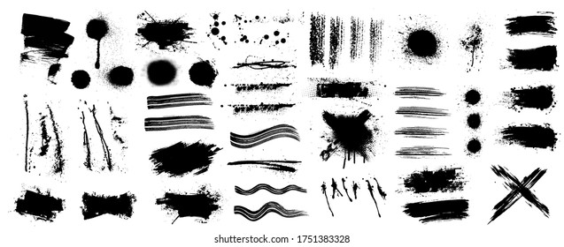 Ink and grunge elements set (splash, brush, paint template, brush stroke, stains, splastter, blob and other textures) Diverse set, dirty elements and high detail. Vector collection grunge