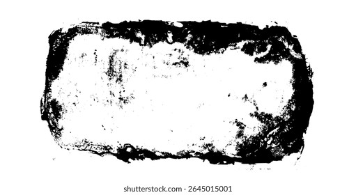Ink grunge ruined stamp. Distressed rectangle frame. Linocut rolled paint black tag. Vector handmade brayer smudged noise texture. Rough paint decorative irregular border.