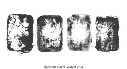 Ink grunge ruined stamps set. Distressed rectangle frames. Linocut rolled paint black tag. Vector handmade brayer smudged noise texture. Rough paint decorative irregular border.