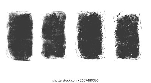 Ink grunge text boxes set. Callouts rectangles frames. Linocut rolled paint black tag. Vector handmade brayer stamp smudged texture. Rough paint decorative irregular border..