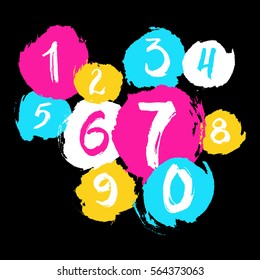 Ink grunge texture numbers from 0 to 9 on black background. Brush painted numbers with rough edges. 