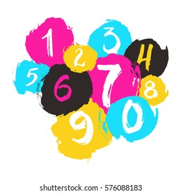 Ink grunge texture numbers from 0 to 9 on white background. Brush painted numbers with rough edges. Design element for interior poster. 
