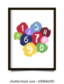 Ink grunge texture numbers from 0 to 9 on white background in black frame. Brush painted numbers with rough edges. Design element for interior poster. 