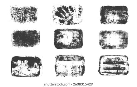 Ink grunge urban square swatches set. Messy rectangles frames. Linocut rolled paint black tag. Vector handmade brayer stamp smudged texture. Rough paint decorative irregular borders.
