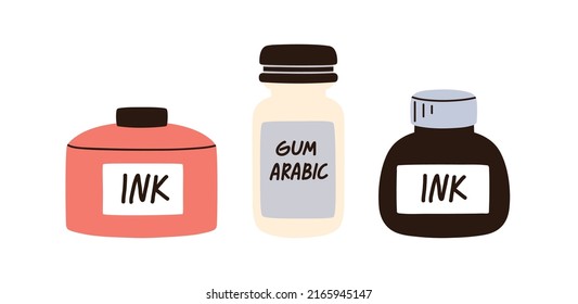 Ink and gum arabic essences in bottles. Closed packs of calligraphy liquids, supplies. Different stuff for calligraphic art. Flat vector illustration isolated on white background.