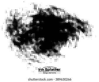 Ink halftone dots splat in black. Vector template