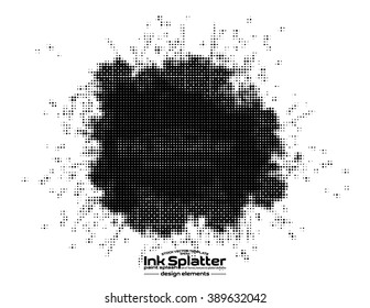 Ink halftone dots splat in black. Vector template