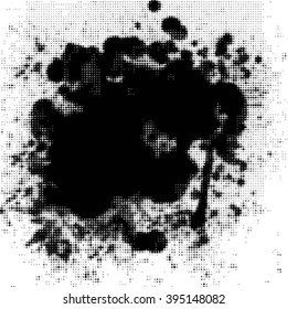 Ink halftone dots splat in black. Vector template