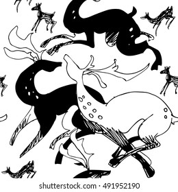 Ink hand draw deers seamless pattern