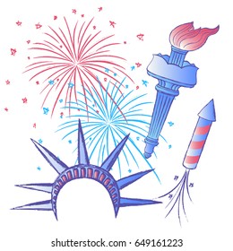 Ink hand drawn 4th of July set with Fireworks and parts of The Statue of Liberty/Independence day artistic elements for creative use