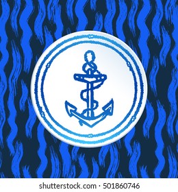 Ink hand drawn anchor on abstract sea pattern